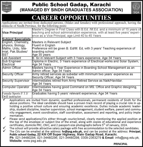 Public School Gadap Karachi Job Opportunities