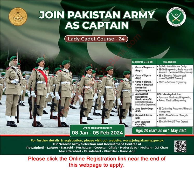 JOIN PAKISTAN ARMY AS CAPTAIN, Lady Cadet Course - 24